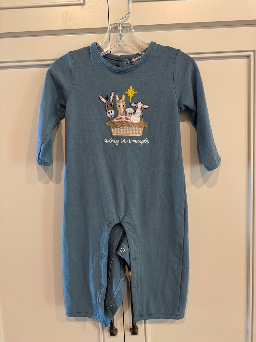 Three Sisters “Away in a Manger” One-Piece Romper with Nativity Applique